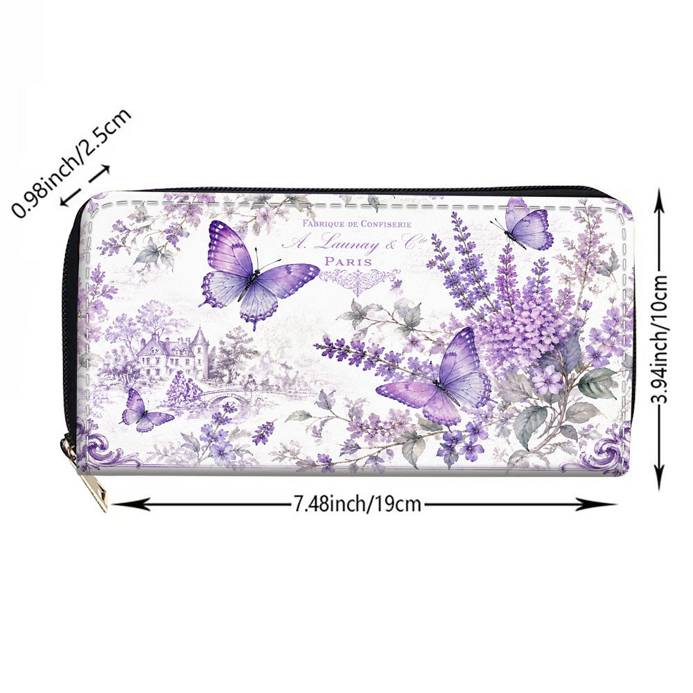 Portefeuille femme long, aquarelle lavande et papillons