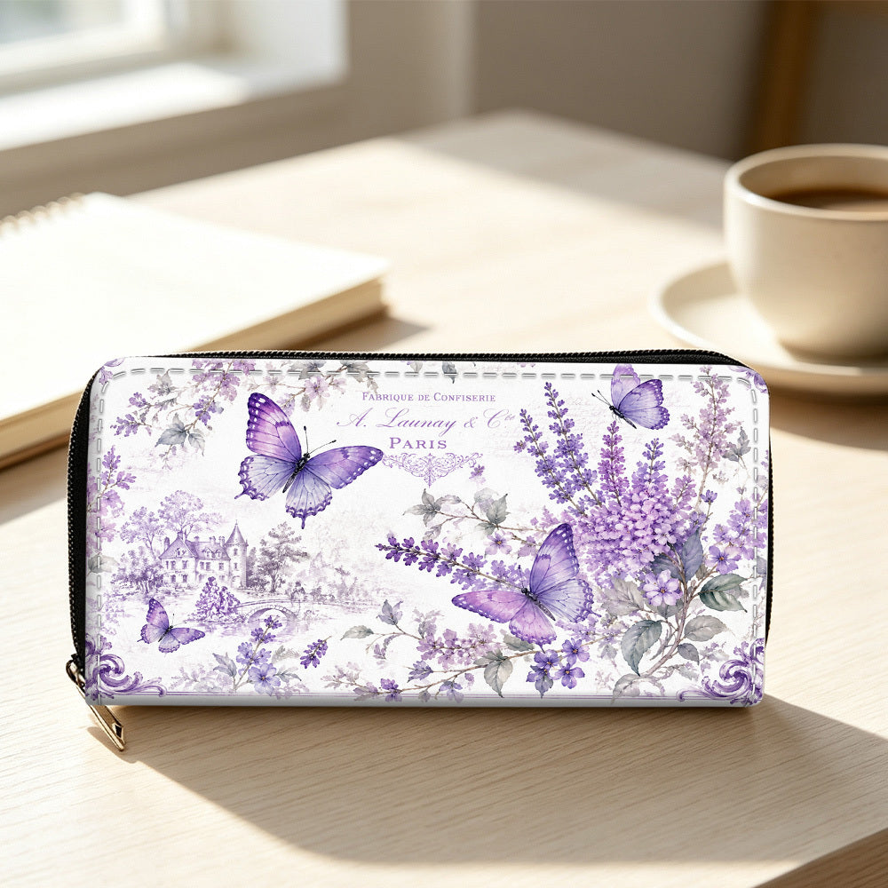 Portefeuille femme long, aquarelle lavande et papillons
