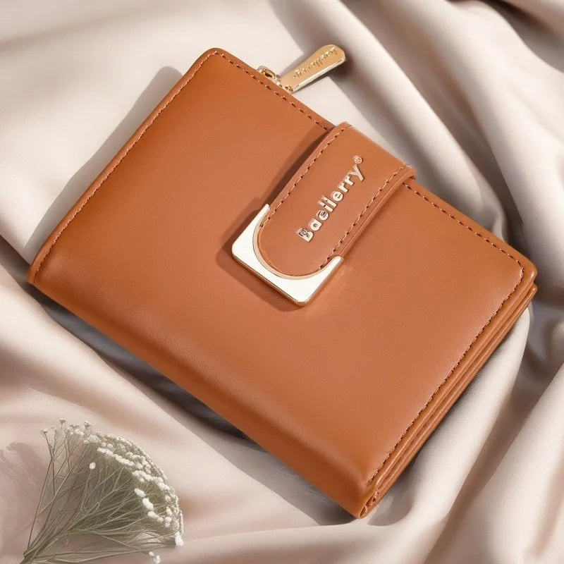 Portefeuille femme compact en cuir PU avec fermeture zippée et bouton élégant — photo 1