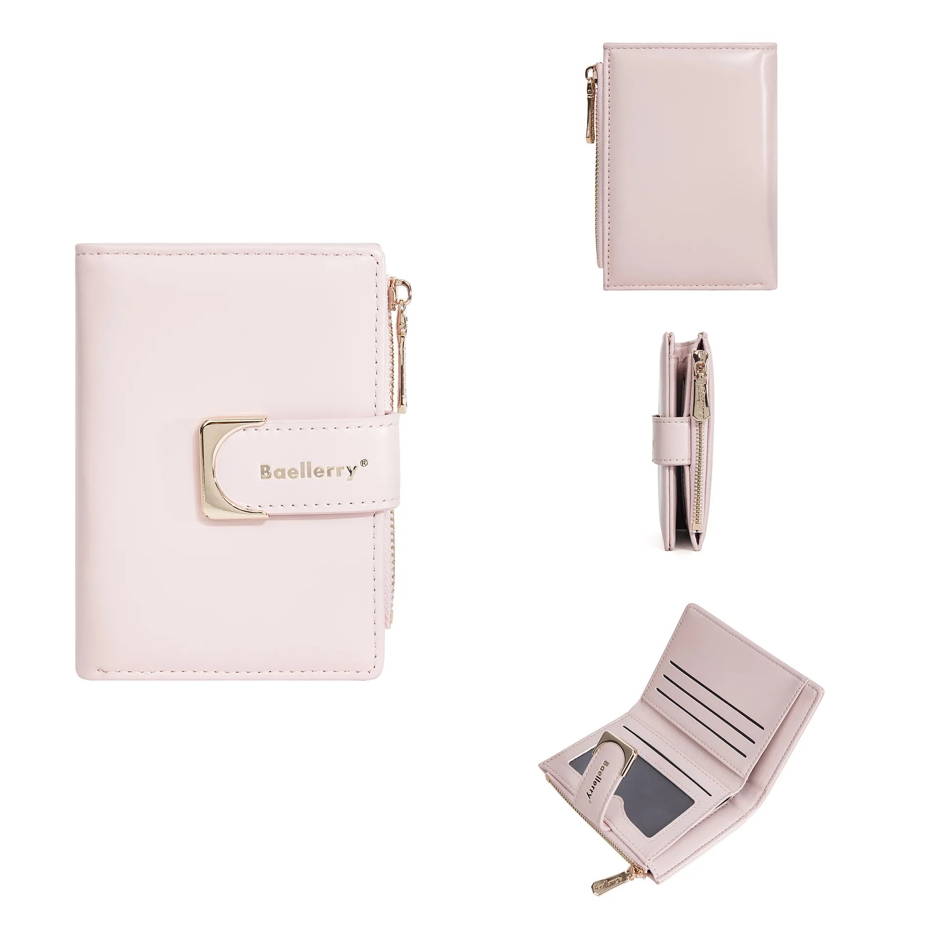 Portefeuille femme compact en cuir PU avec fermeture zippée et bouton élégant — photo 12 Image