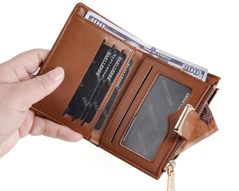 Portefeuille femme compact en cuir PU avec fermeture zippée et bouton élégant — photo 3