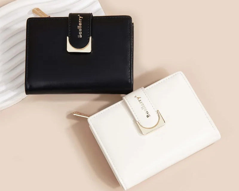 Portefeuille femme compact en cuir PU avec fermeture zippée et bouton élégant — photo 5 Image