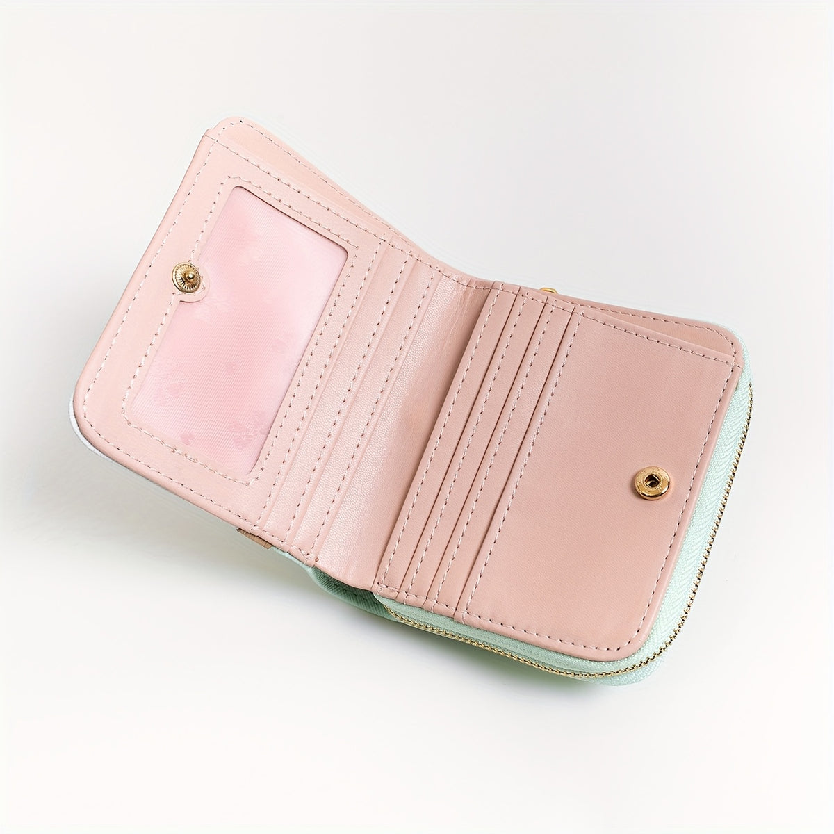 Portefeuille femme zippé bicolore à fenêtre photo, 11 x 9 cm