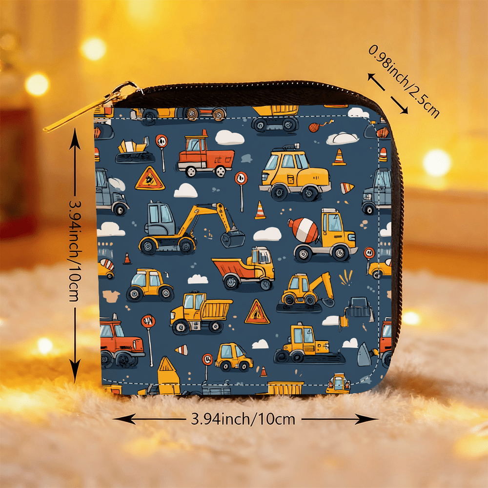 Portefeuille femme carré zippé bleu, motif engins de chantier