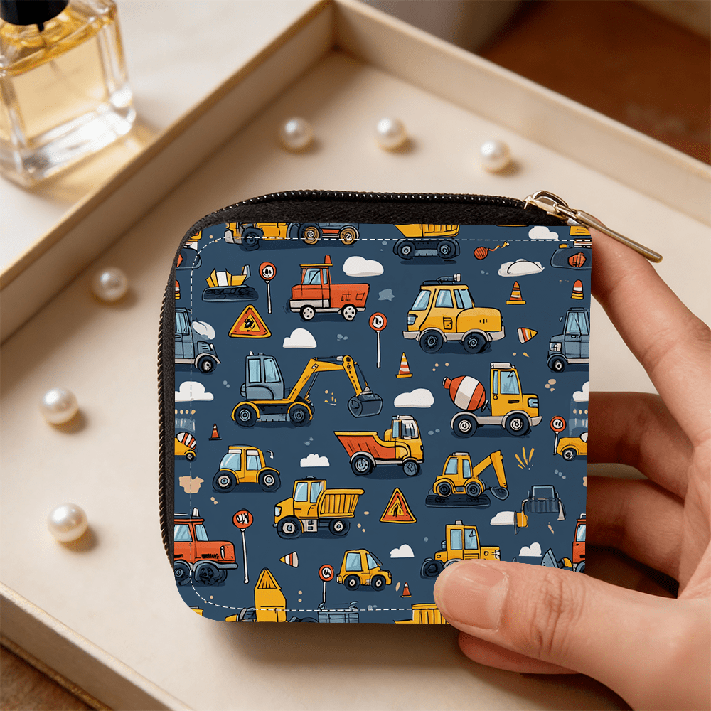 Portefeuille femme carré zippé bleu, motif engins de chantier