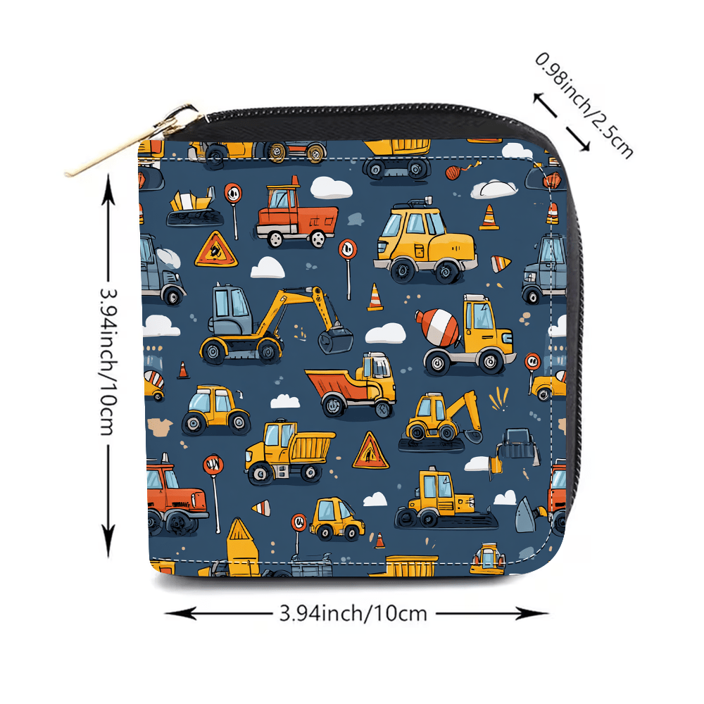 Portefeuille femme carré zippé bleu, motif engins de chantier