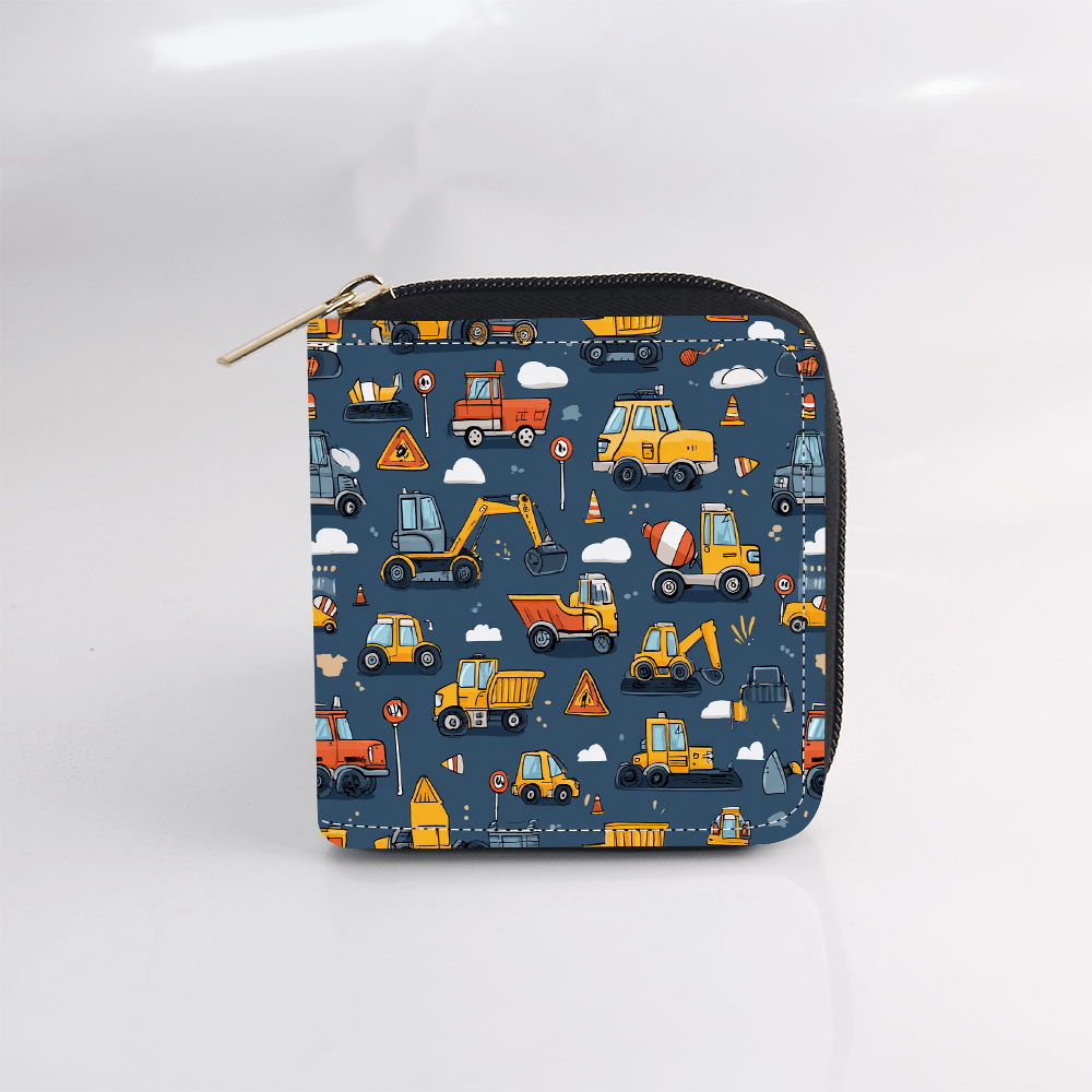 Portefeuille femme carré zippé bleu, motif engins de chantier