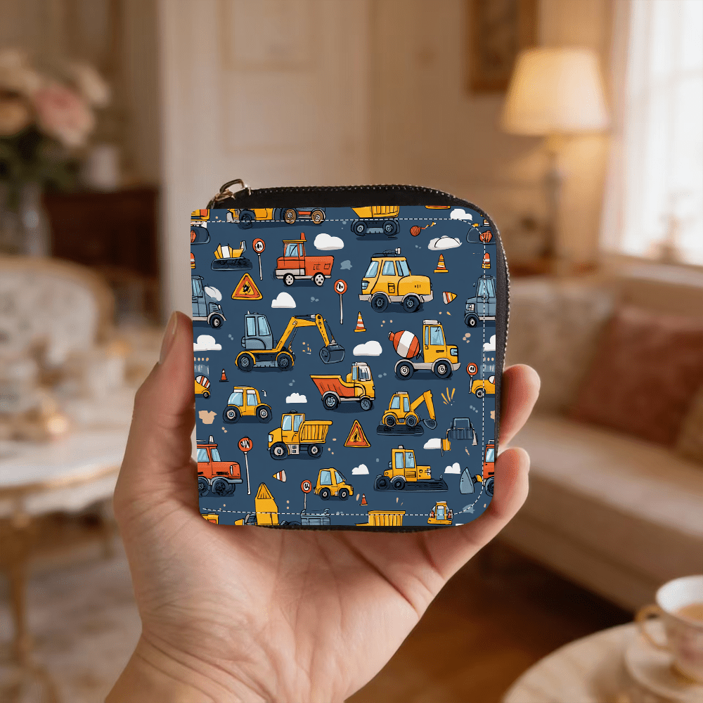 Portefeuille femme carré zippé bleu, motif engins de chantier