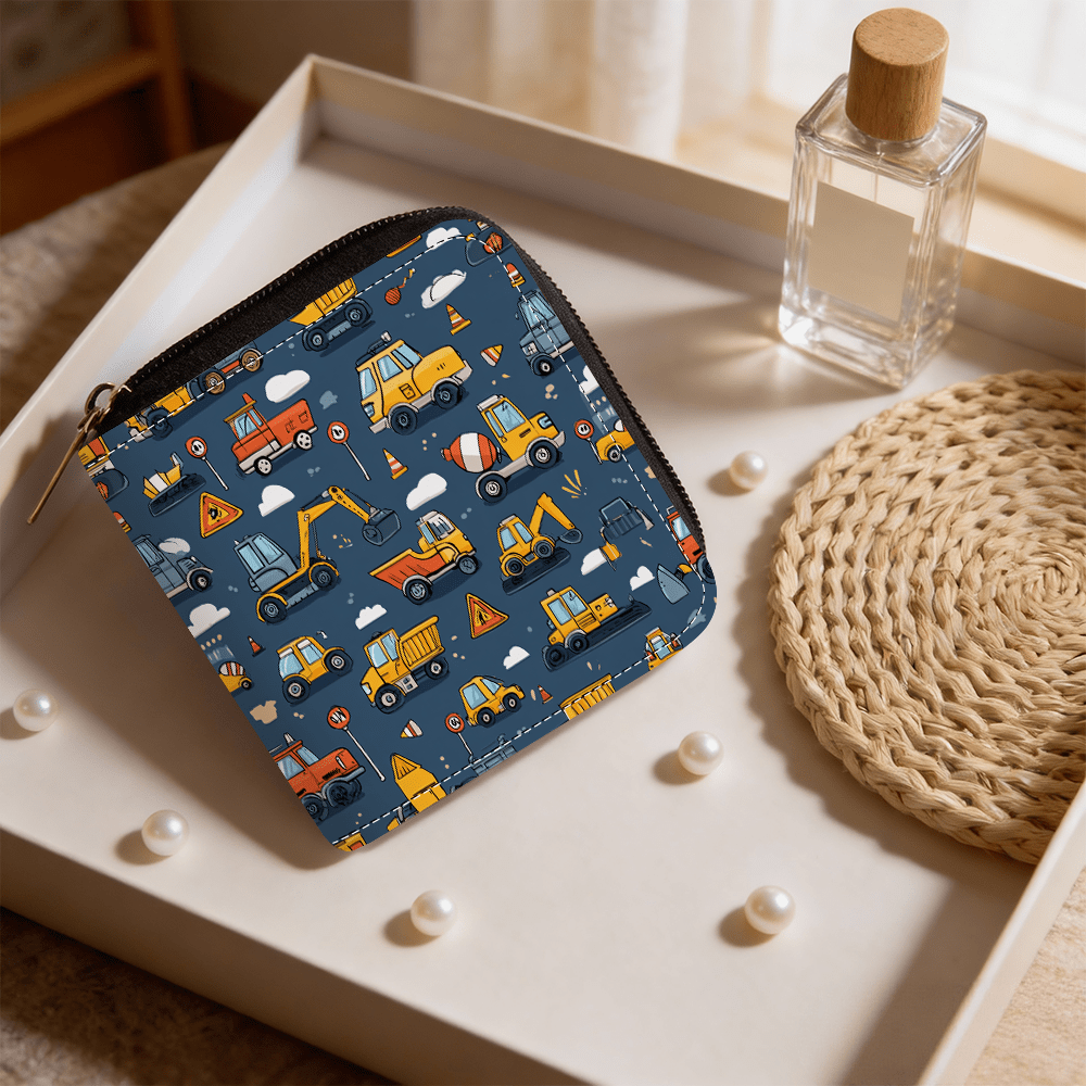Portefeuille femme carré zippé bleu, motif engins de chantier