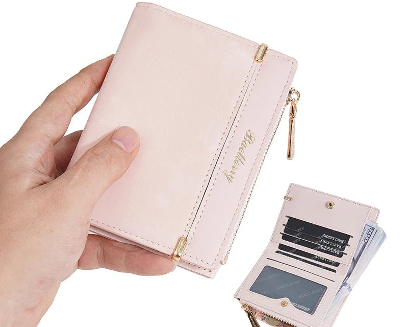 Portefeuille femme compact en cuir PU avec porte-monnaie zippé et fente photo — photo 1