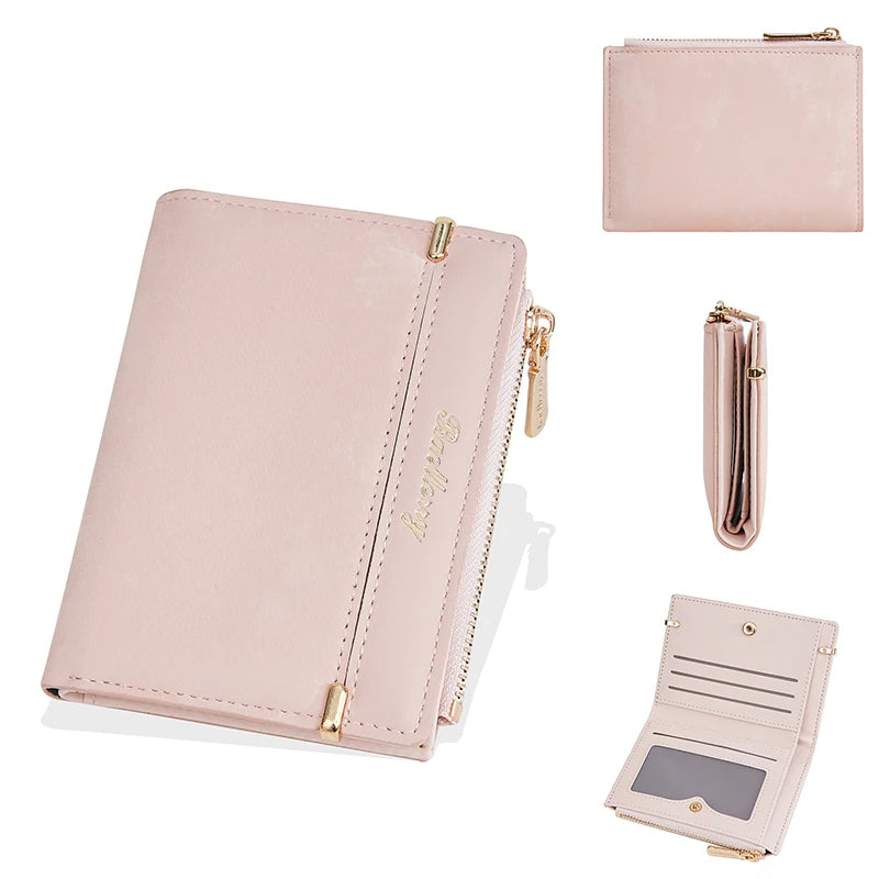 Portefeuille femme compact en cuir PU avec porte-monnaie zippé et fente photo — photo 10
