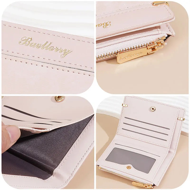 Portefeuille femme compact en cuir PU avec porte-monnaie zippé et fente photo — photo 2