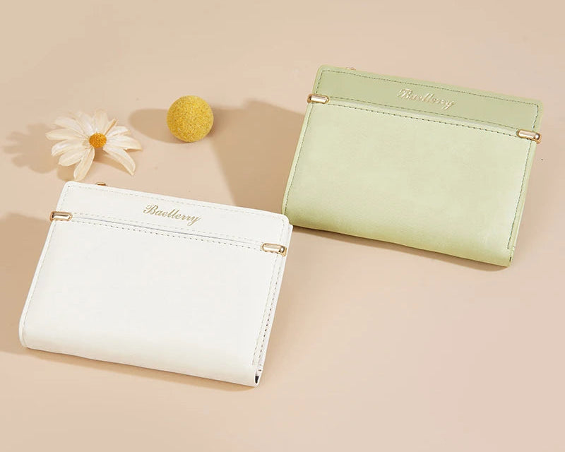 Portefeuille femme compact en cuir PU avec porte-monnaie zippé et fente photo — photo 3