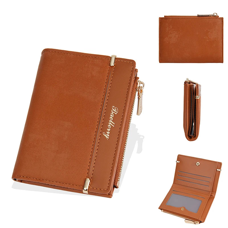 Portefeuille femme compact en cuir PU avec porte-monnaie zippé et fente photo — photo 5