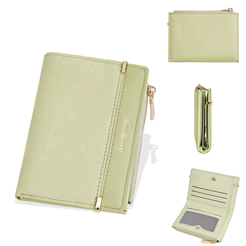 Portefeuille femme compact en cuir PU avec porte-monnaie zippé et fente photo — photo 6