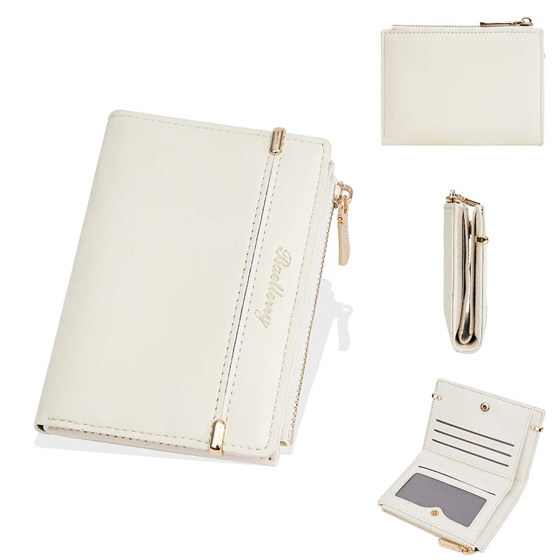 Portefeuille femme compact en cuir PU avec porte-monnaie zippé et fente photo — photo 9