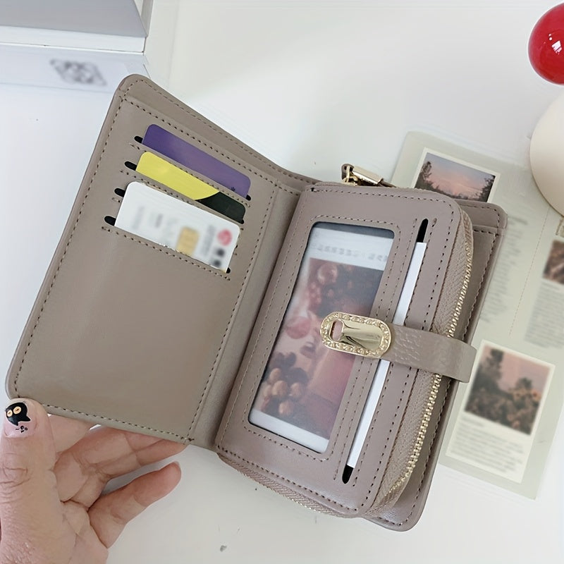 Portefeuille femme compact en cuir, fermoir doré à strass
