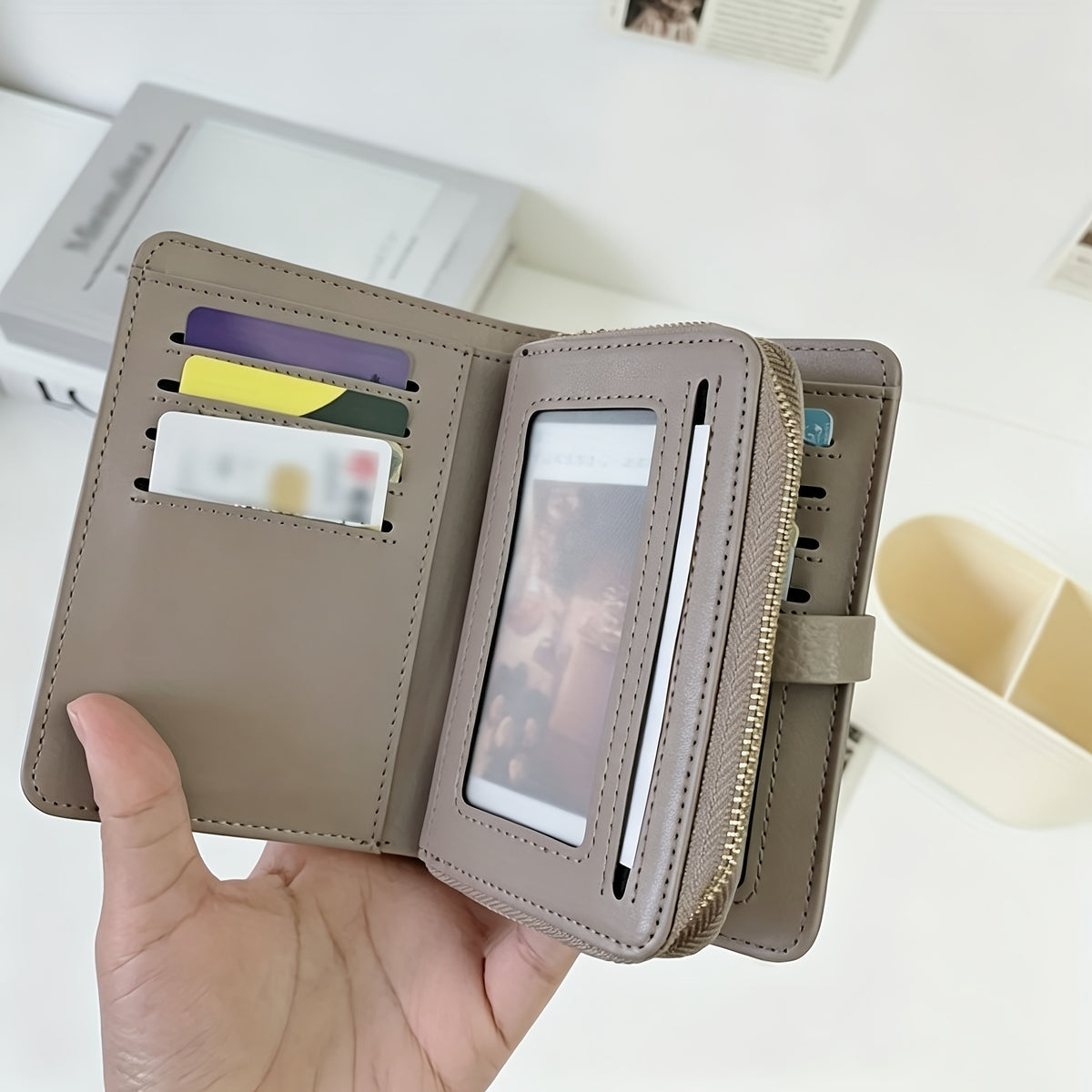 Portefeuille femme compact en cuir, fermoir doré à strass