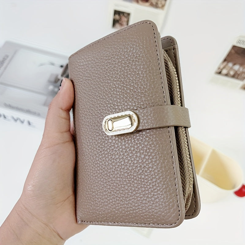 Portefeuille femme compact en cuir, fermoir doré à strass