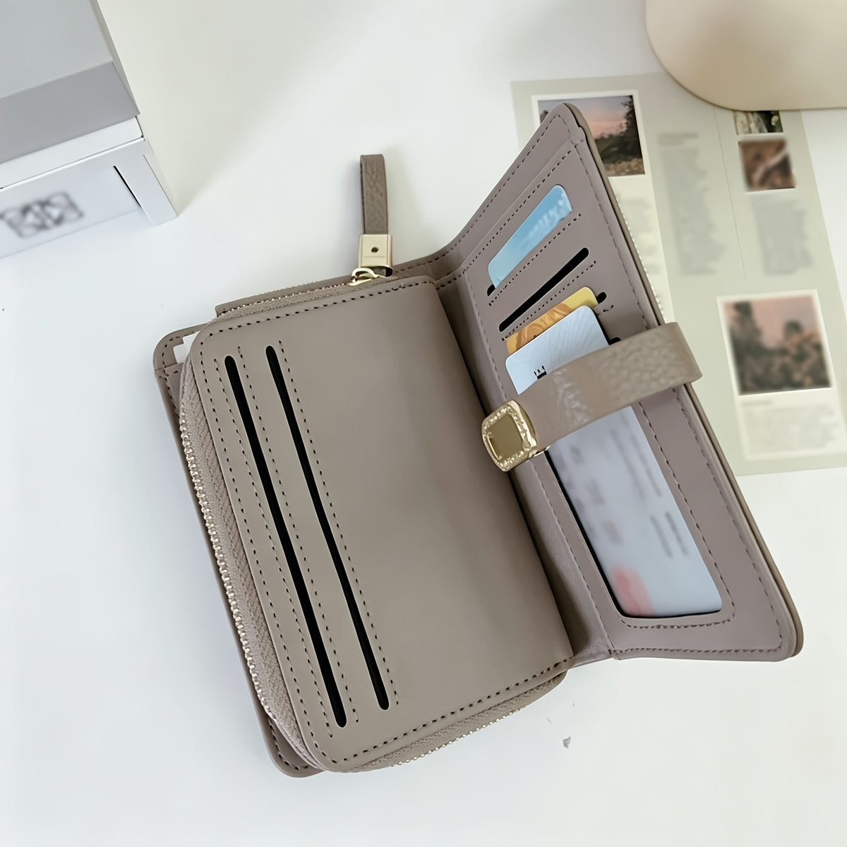 Portefeuille femme compact en cuir, fermoir doré à strass
