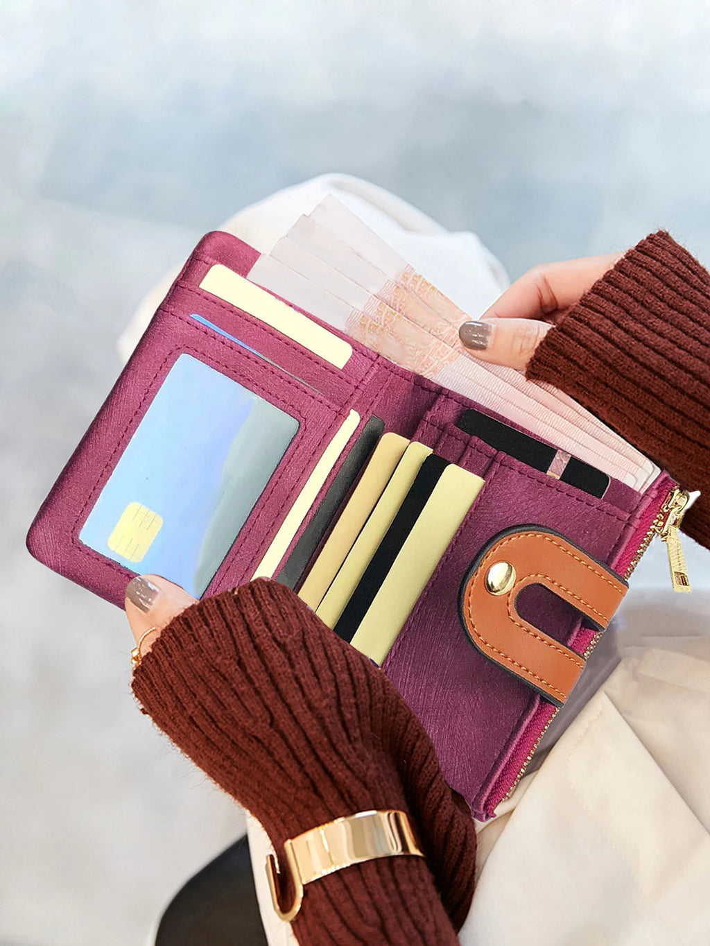 Portefeuille femme compact en cuir PU bicolore avec zip et rabat grande capacité — photo 2