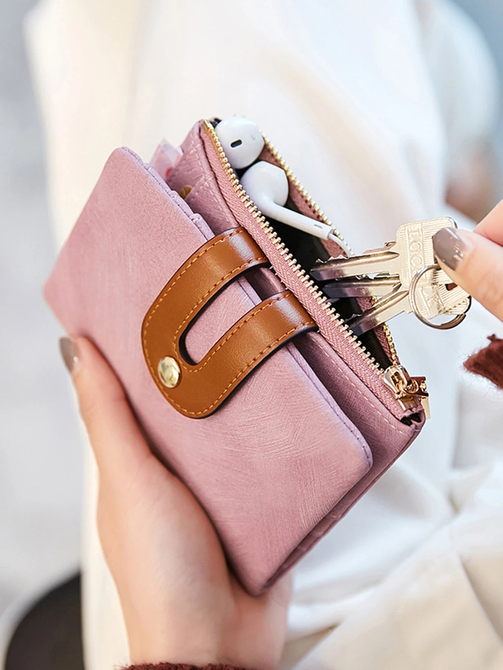 Portefeuille femme compact en cuir PU bicolore avec zip et rabat grande capacité — photo 3