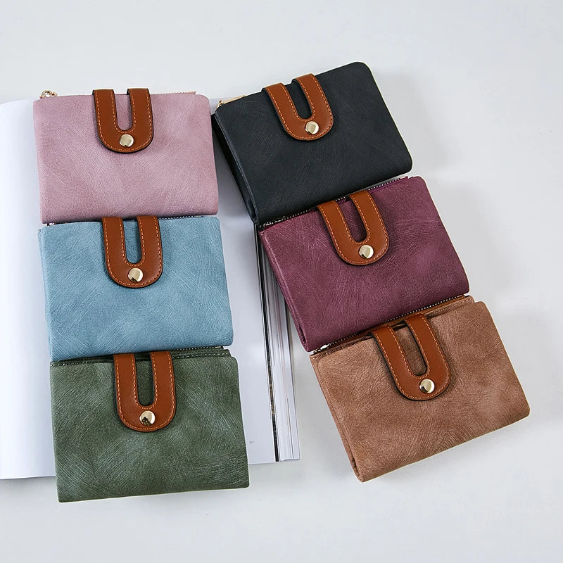 Portefeuille femme compact en cuir PU bicolore avec zip et rabat grande capacité — photo 5 Image