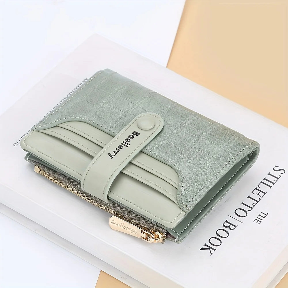 Portefeuille femme compact en cuir PU texturé avec rabat et zip multifonction — photo 1
