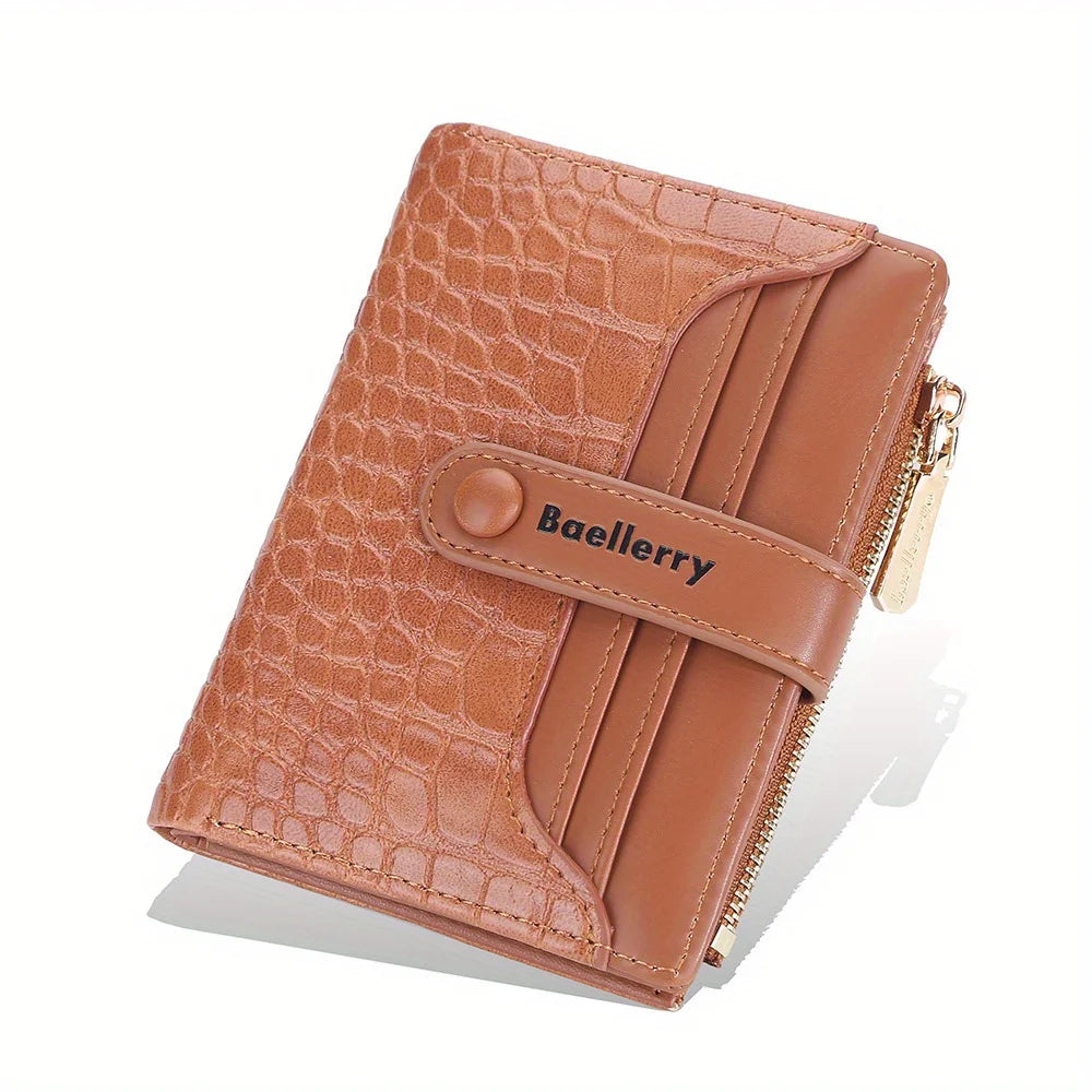 Portefeuille femme compact en cuir PU texturé avec rabat et zip multifonction — photo 5