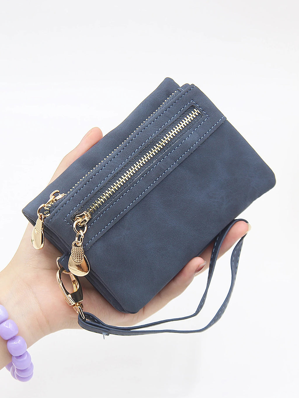 Portefeuille femme compact en cuir PU avec zip et dragonne amovible élégante — photo 4