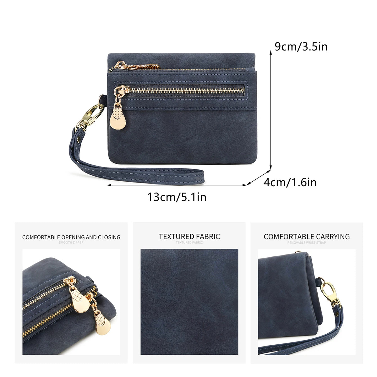 Portefeuille femme compact en cuir PU avec zip et dragonne amovible élégante — photo 5