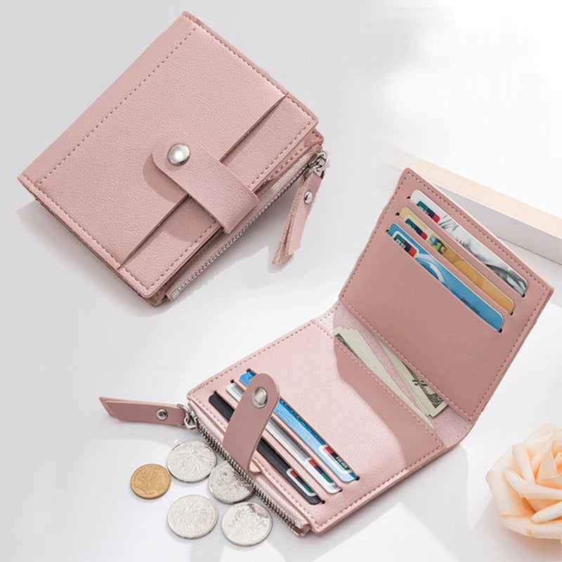 Portefeuille femme compact cuir PU avec zip et bouton pression porte-cartes multifonction — photo 3