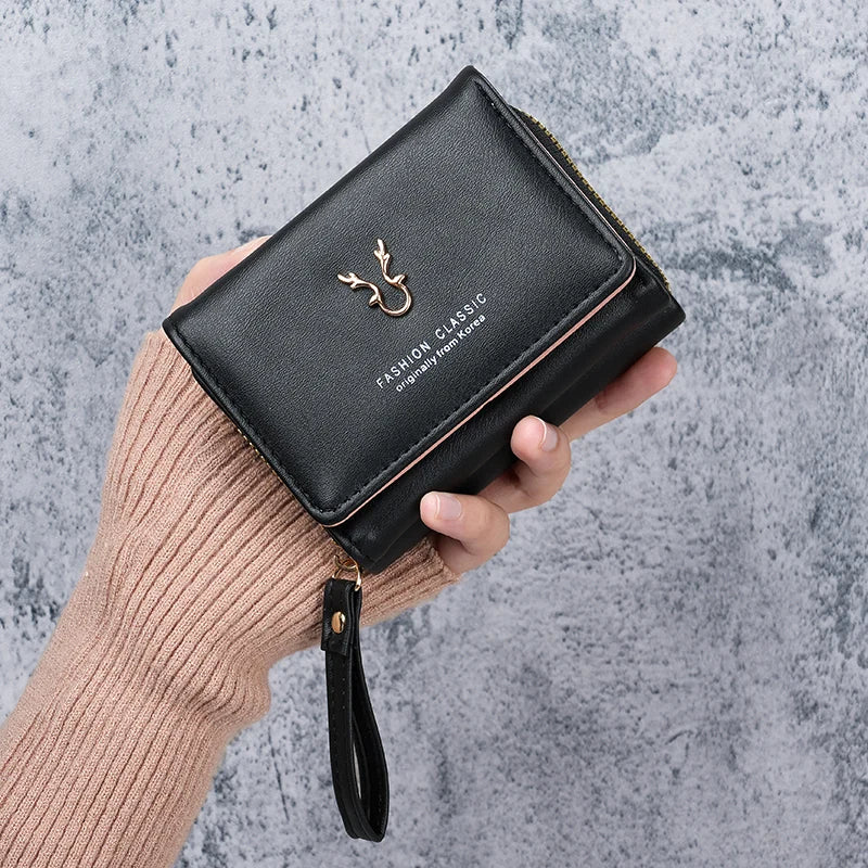 Portefeuille femme compact en cuir PU avec zip, rabat et dragonne multifonction — photo 1