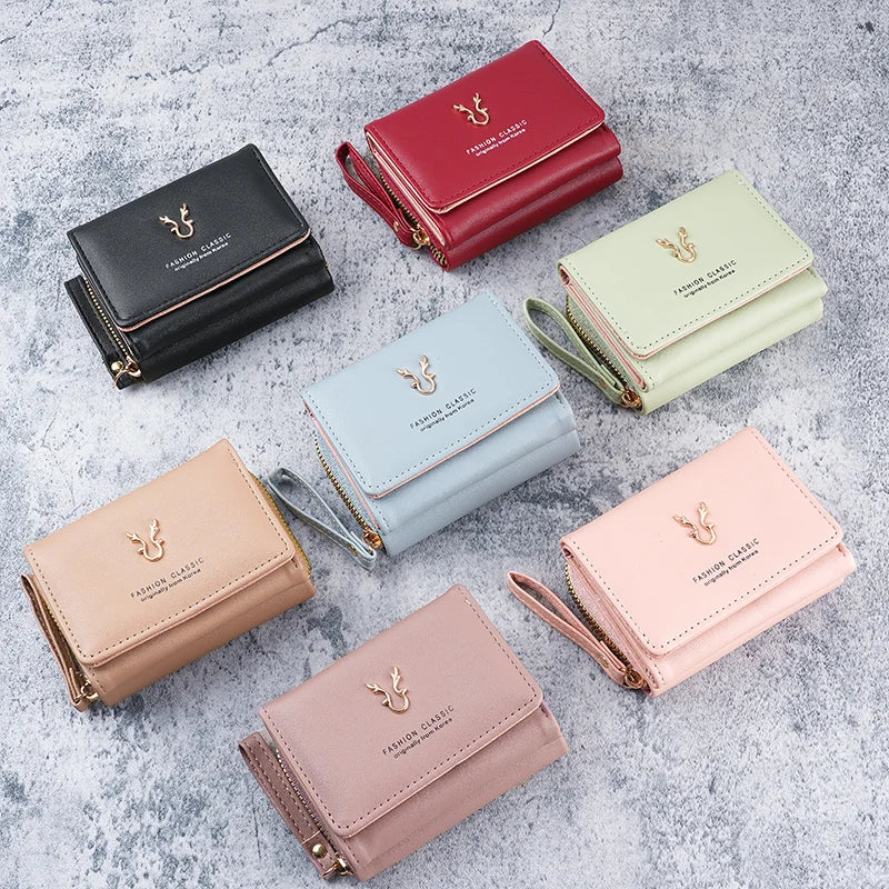 Portefeuille femme compact en cuir PU avec zip, rabat et dragonne multifonction — photo 2
