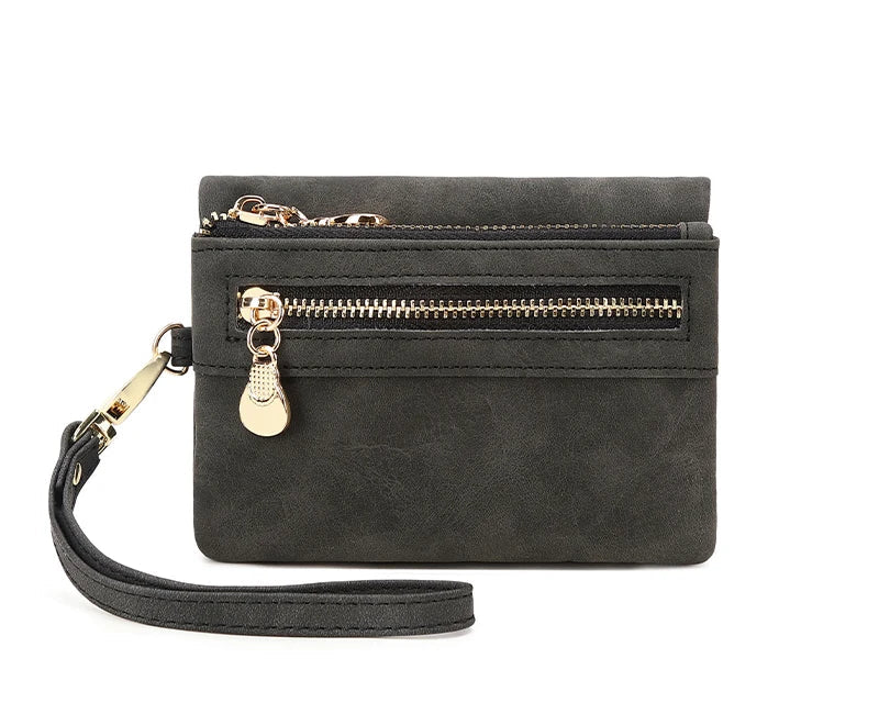 Portefeuille femme compact en cuir PU avec zip, dragonne et compartiments multiples — photo 11