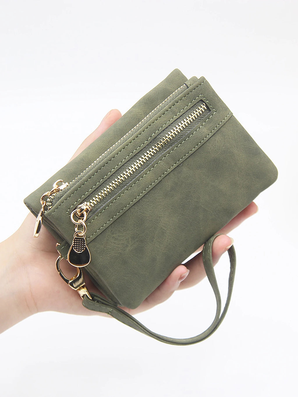 Portefeuille femme compact en cuir PU avec zip, dragonne et compartiments multiples — photo 4