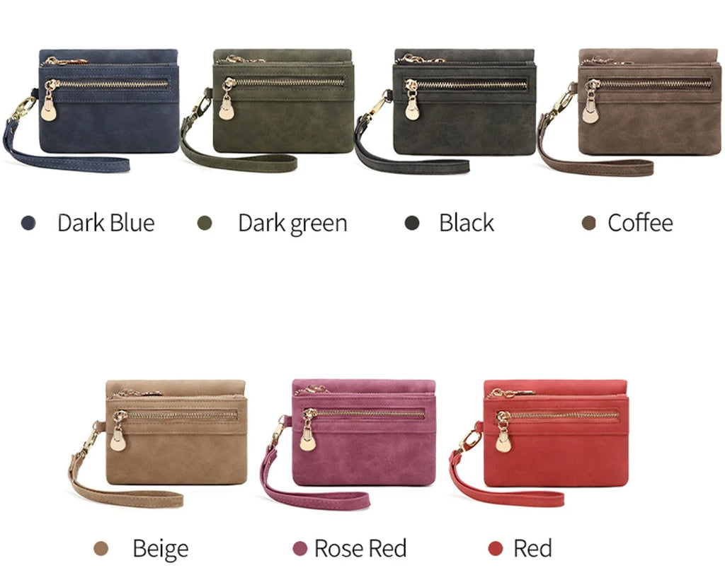 Portefeuille femme compact en cuir PU avec zip, dragonne et compartiments multiples — photo 5