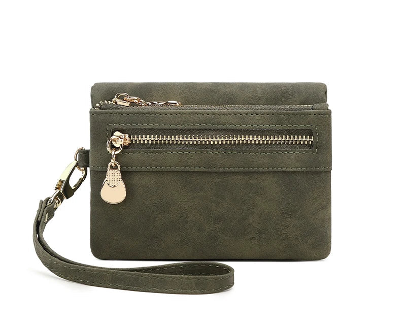 Portefeuille femme compact en cuir PU avec zip, dragonne et compartiments multiples — photo 6
