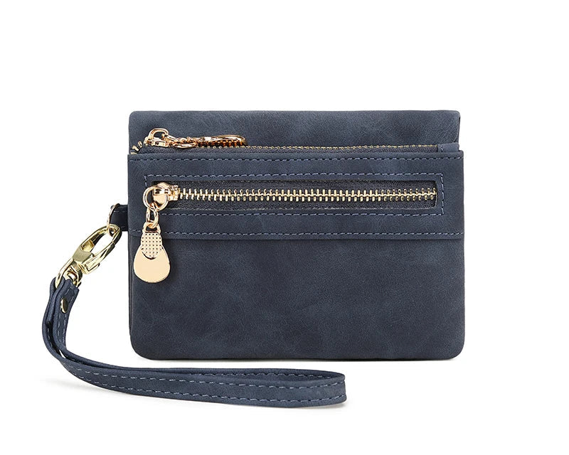 Portefeuille femme compact en cuir PU avec zip, dragonne et compartiments multiples — photo 7