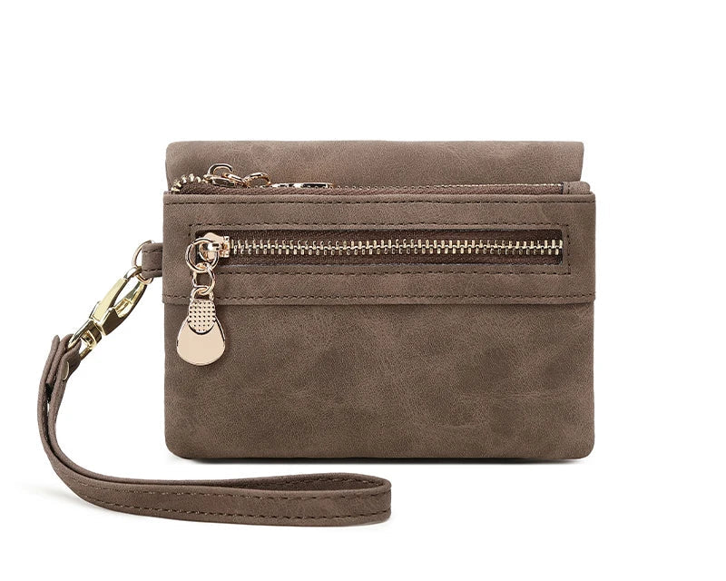 Portefeuille femme compact en cuir PU avec zip, dragonne et compartiments multiples — photo 8 Image