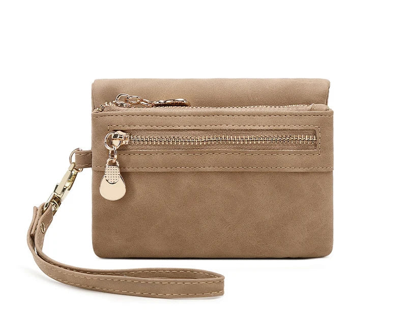 Portefeuille femme compact en cuir PU avec zip, dragonne et compartiments multiples — photo 9