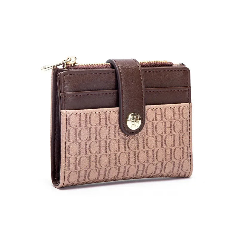 Portefeuille femme compact en cuir PVC motif logo avec bouton et zip élégant — photo 10