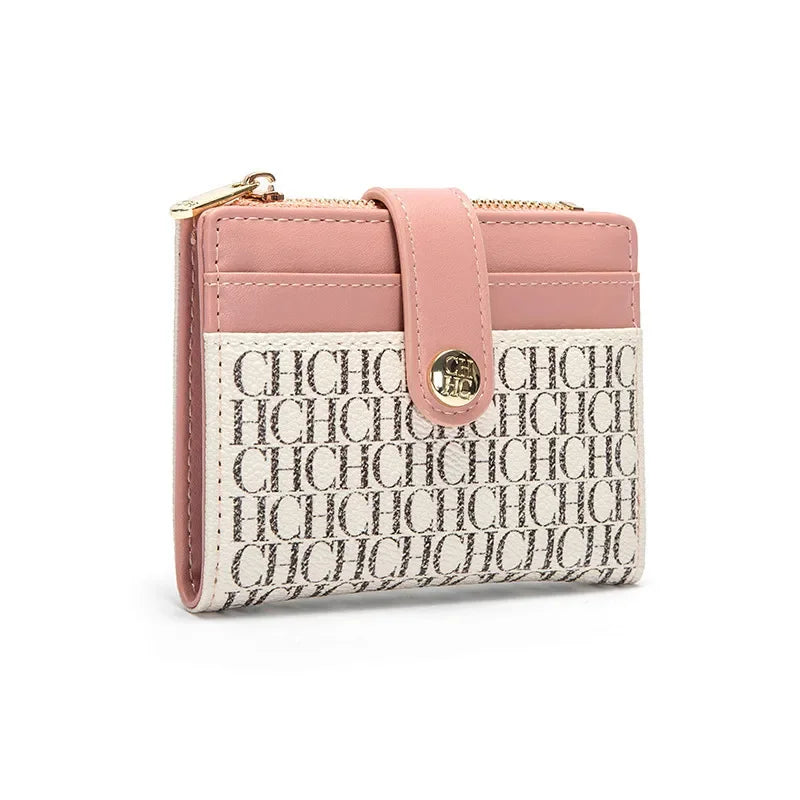Portefeuille femme compact en cuir PVC motif logo avec bouton et zip élégant — photo 11