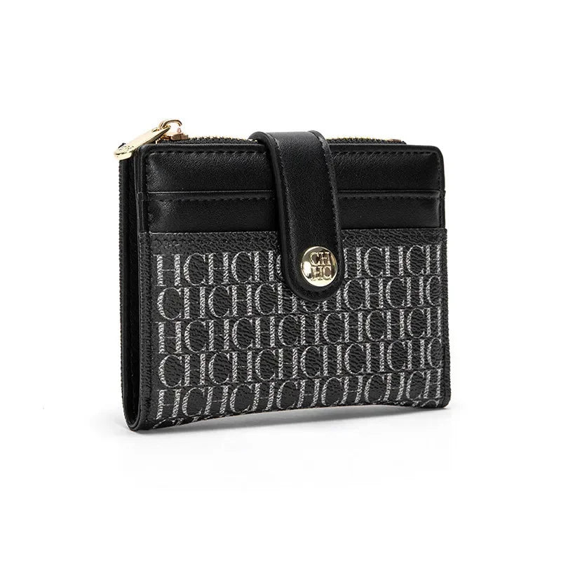 Portefeuille femme compact en cuir PVC motif logo avec bouton et zip élégant — photo 12