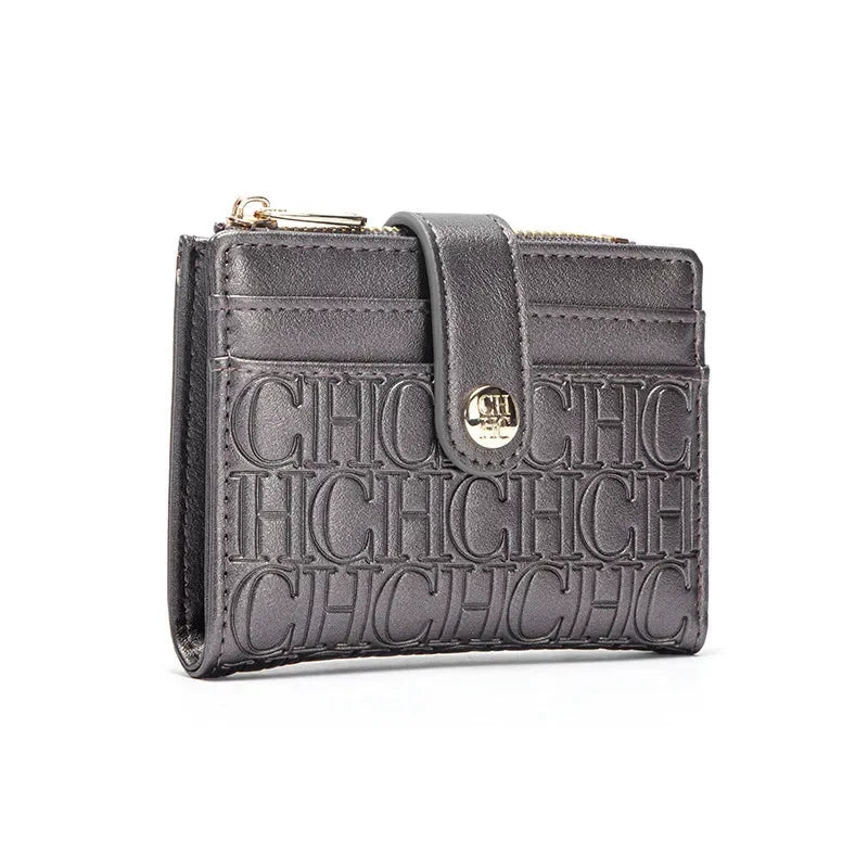Portefeuille femme compact en cuir PVC motif logo avec bouton et zip élégant — photo 13