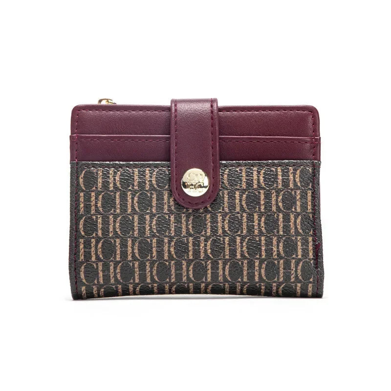Portefeuille femme compact en cuir PVC motif logo avec bouton et zip élégant — photo 14