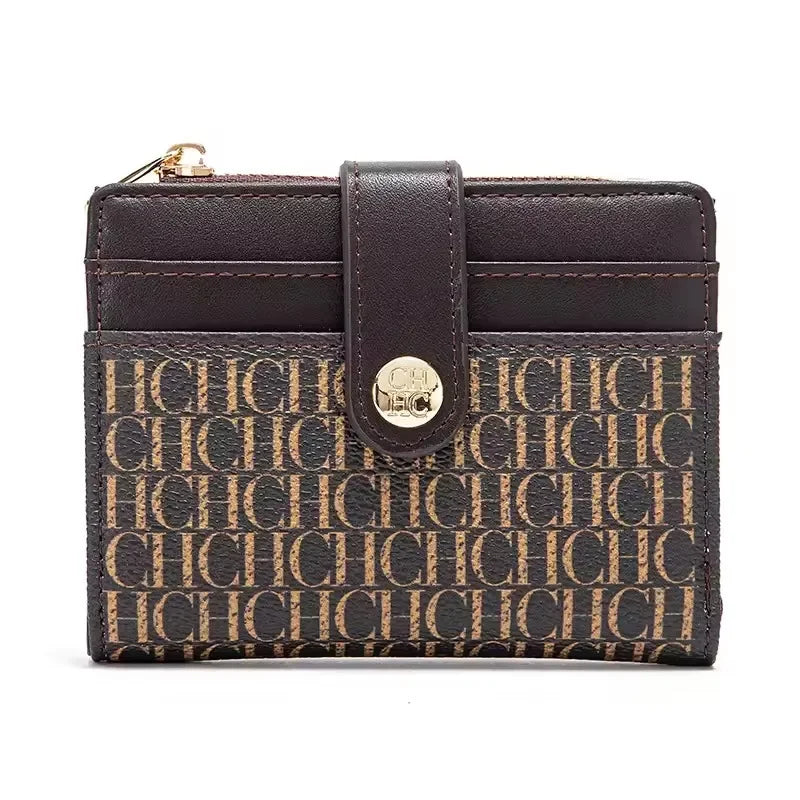 Portefeuille femme compact en cuir PVC motif logo avec bouton et zip élégant — photo 15