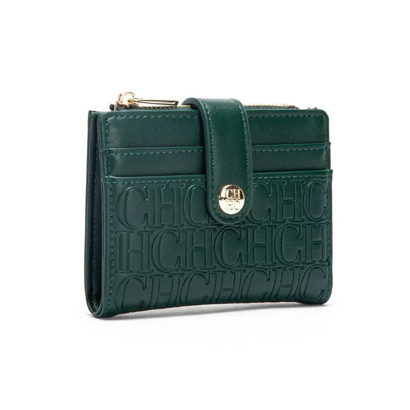 Portefeuille femme compact en cuir PVC motif logo avec bouton et zip élégant — photo 16