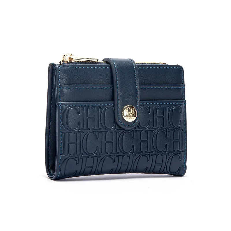 Portefeuille femme compact en cuir PVC motif logo avec bouton et zip élégant — photo 17