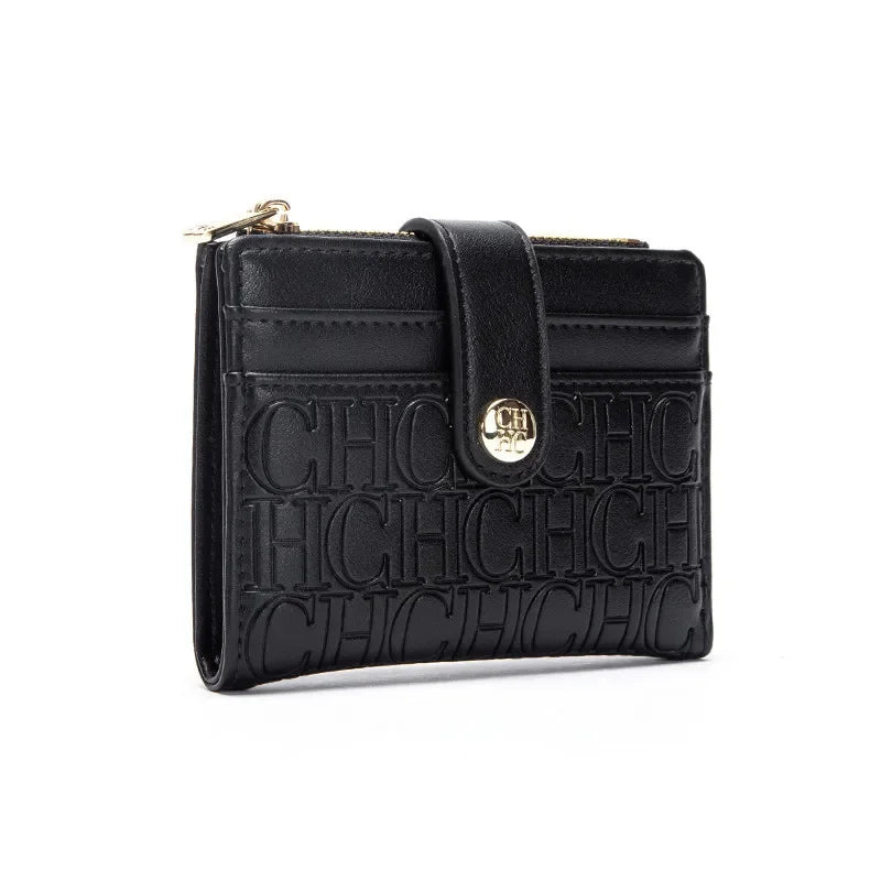 Portefeuille femme compact en cuir PVC motif logo avec bouton et zip élégant — photo 7